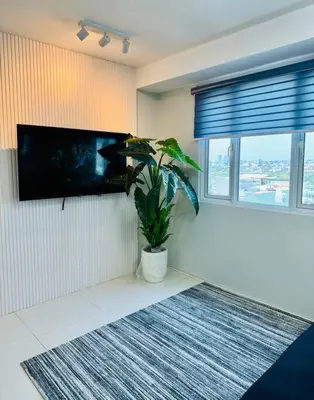 a living room with a potted plant and a flat screen tv at Cozy Minimalist 2BR Condo at Princeton QC near Rob Magnolia in Manila
