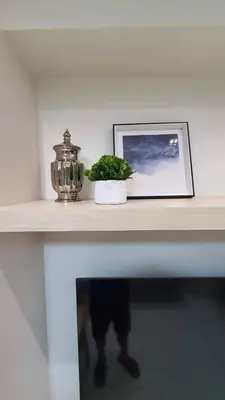 a shelf with a picture and a plant on it at Luxury Condo with a view of Manila Bay in Manila