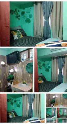 a collage of pictures of a bedroom with a bed and a table at Dencios Transient in Cabuyao