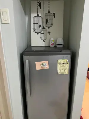 a refrigerator with two bird cages on top of it at SEA 2-BR Unit with Free Parking near Mall of Asia in Manila