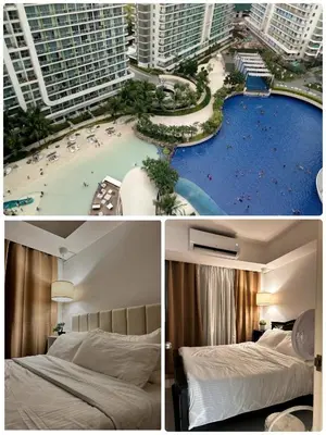 a collage of three pictures of a hotel room at Caroshiro Staycation Azure Uban Resort in Manila