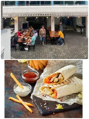 a collage of two pictures of people eating at a restaurant at Caroshiro Staycation Azure Uban Resort in Manila