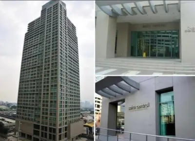 two photographs of a tall building in a city at SOHO Condotel EDSA Shaw near SM Megamall FREE Pool Access in Manila