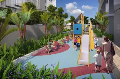 a rendering of a playground with children on a slide at Executive Gem beside Malls and Bars at Uptown BGC in Manila