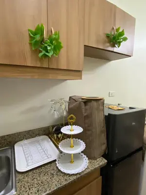 a small kitchen with a counter top with a plate and a food at La Mari 1 bedroom at Prisma Residences in Manila