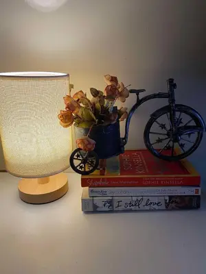 a bike on a stack of books next to a lamp at La Mari 1 bedroom at Prisma Residences in Manila
