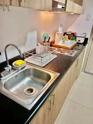 a kitchen sink with a dish rack on the counter at 1 BR Condo with Balcony in Manila
