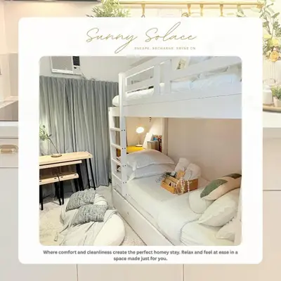 a poster of a bedroom with bunk beds at Sunny Solace a Homey Condo in Filinvest Alabang in Manila
