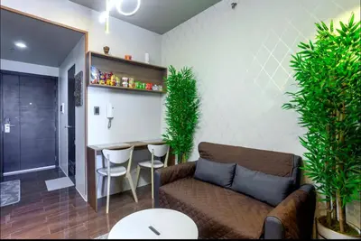 a living room with a couch and a table with plants at COZY SKYLINE CONDO in MAKATI in Manila