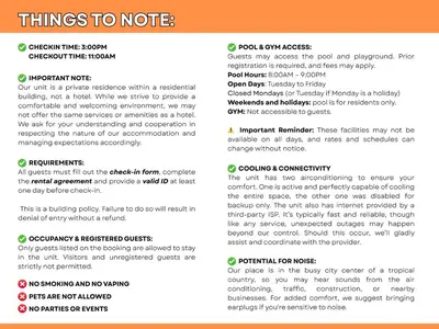 a page of a text explaining things to note at Prime BGC 1BR Near Mitsukoshi Mall #upt16m in Manila