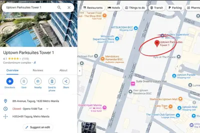 a screenshot of a google maps page with a red circle at Upscale BGC Stay Near Mitsukoshi #upt130g in Manila