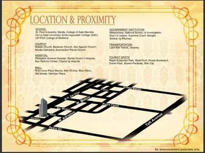 a sheet of paper with a diagram ofocation and proximity at Cozy 1 Bedroom Apartment for Long Term Rentals in Manila