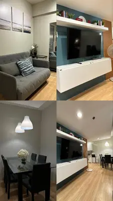 four different views of a living room with a large television at 153 Urban Escape in Manila