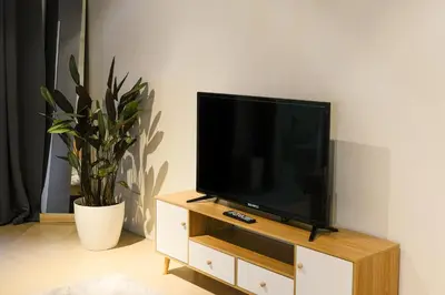 a flat screen tv sitting on top of a wooden entertainment center at Siesta Spaces Adela in Manila