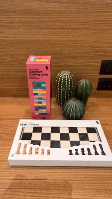 a chess board on a table with a box and cactus at Lemmon's Casita in Manila