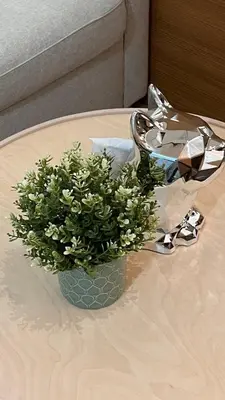 a vase with flowers sitting on a table at Lemmon's Casita in Manila