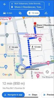a screenshot of a google map with shortcuts at E & R Staycation Condotel near Mall of Asia in Manila