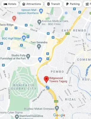 a map of the city of berlin with a red marker at 1BR Condotel Ridgewood Towers Taguig City #RW08 in Manila