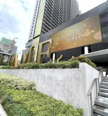 a building with a sign that reads fame mall at Fame Residences EDSA Shaw MRT Shangrila Megamall in Manila