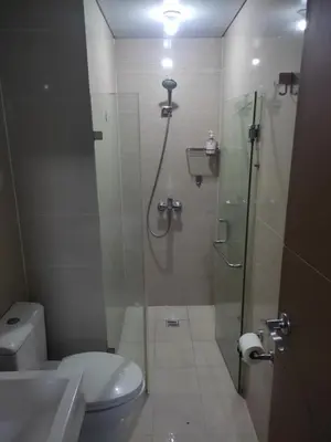a bathroom with a shower and a toilet and a sink at LDN Secret Crib PALM TREE Across NAIA T3 in Manila