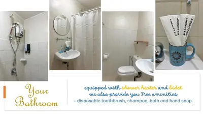 a collage of pictures of a bathroom with a shower and toilet at 2BR Italian-inspired Condo Unit, Balcony Pool View in Manila