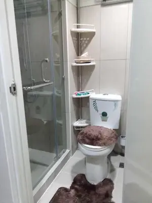 a bathroom with a shower and a toilet with a rug at 1 Bedroom Condo Unit Near MOA with Netflix and WIFI in Manila