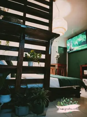 a bedroom with a wooden bunk bed with potted plants at El Nissi Staycation, THE GARDEN CABIN, Enchanted Kingdom in Santa Rosa