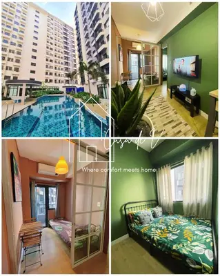 a collage of photos of a hotel room with a pool at SPRING RESIDENCES - 2BR Condo near Airport with balcony and pool views in Manila