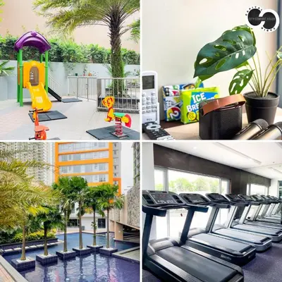a collage of photos with a pool and a playground at Sunshine 100 Stylish Condo by The Capital Cabin in Manila