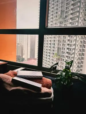 a window with two books and a plant in front of it at Sunshine 100 Stylish Condo by The Capital Cabin in Manila