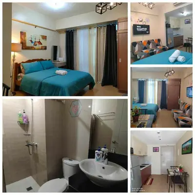 a collage of four pictures of a hotel room at cozy Avah condotel newport in Manila