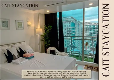 a magazine advertisement for a hotel room with a bed and a balcony at Azure Parañaque - 2br Beach View 18th Floor in Manila