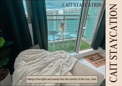 a bed in a room with a view of a balcony at Azure Parañaque - 2br Beach View 18th Floor in Manila