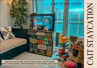 a magazine cover of a room with a video game at Azure Parañaque - 2br Beach View 18th Floor in Manila