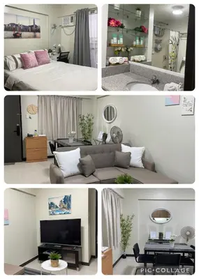 a collage of four pictures of a bedroom and a living room at Eves Urban Haven in Manila