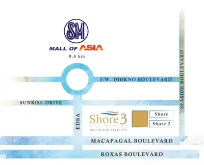 a ticket for a mall of asia with a blue and white sign at Ellie's Place Shore 3 T3 in Manila
