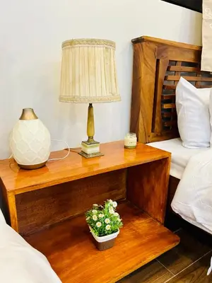 a nightstand with a lamp and a potted plant on a table at Tagaytay's Cozy Loft-type Forest House and Camp in Silang