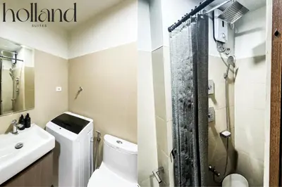 a bathroom with a shower and a toilet and a sink at Mall of Asia Shore 3 Residences Holland Suites in Manila