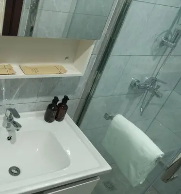 a bathroom with a sink and a shower at Golden Seagulls Hotel in Manila