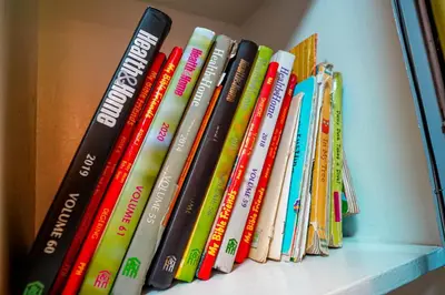 a row of books sitting on a shelf at Calm House near Enchanted Kingdom Sta Rosa with Free Parking, Wifi, Netflix in Santa Rosa