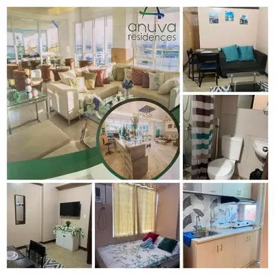 a collage of four pictures of a living room at transient room anuva condominium in Manila