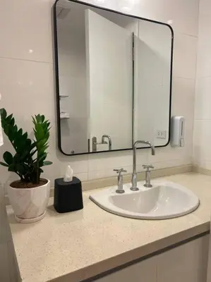 a bathroom sink with a mirror and a potted plant at QUITE Euro Luxe 3BR 7 mins walk to high street in Manila
