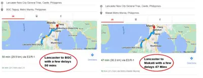 a screenshot of a google maps page with two circles at Modern Home Near MOA and NAIA in General Trias