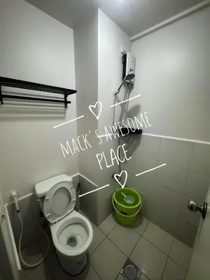 a bathroom with a toilet with the words make quarantine place at Macks Awesome 07 Fast Wifi Premium Netflix in Manila