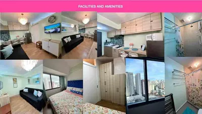a collage of pictures of a bedroom and a living room at Comfy Relax Condo at the Rise Makati in Manila