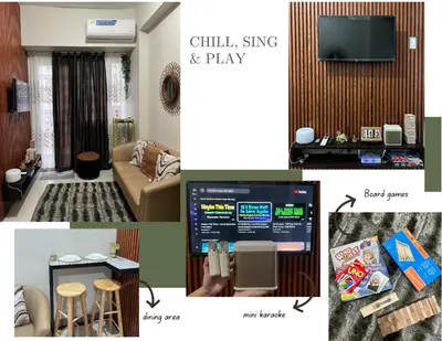 a collage of photos of a living room with a television at Trina's Suites in Manila