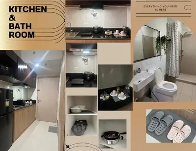 a collage of photos of a kitchen and bath room at Trina's Suites in Manila