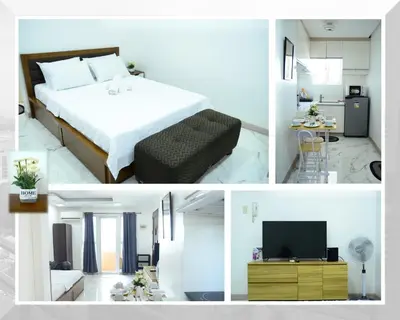 three pictures of a bedroom with a bed and a tv at Brianna's haven property rental in Manila
