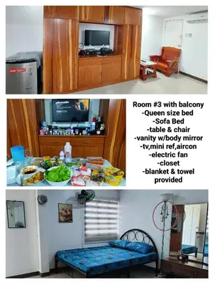 a collage of two pictures of a room with laboratory queen size bed sofa bed at Family Airconditioned Room with Balcony & Parking in Cabuyao 2-storey house in Cabuyao