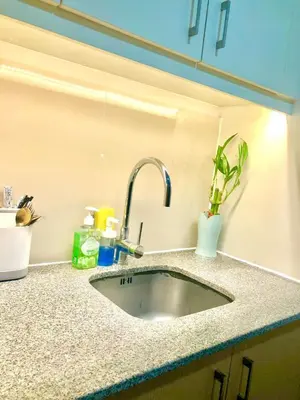 a kitchen counter with a sink with a plant at Cosy 1BR Uptown BGC with Balcony and Swimming Pool in Manila